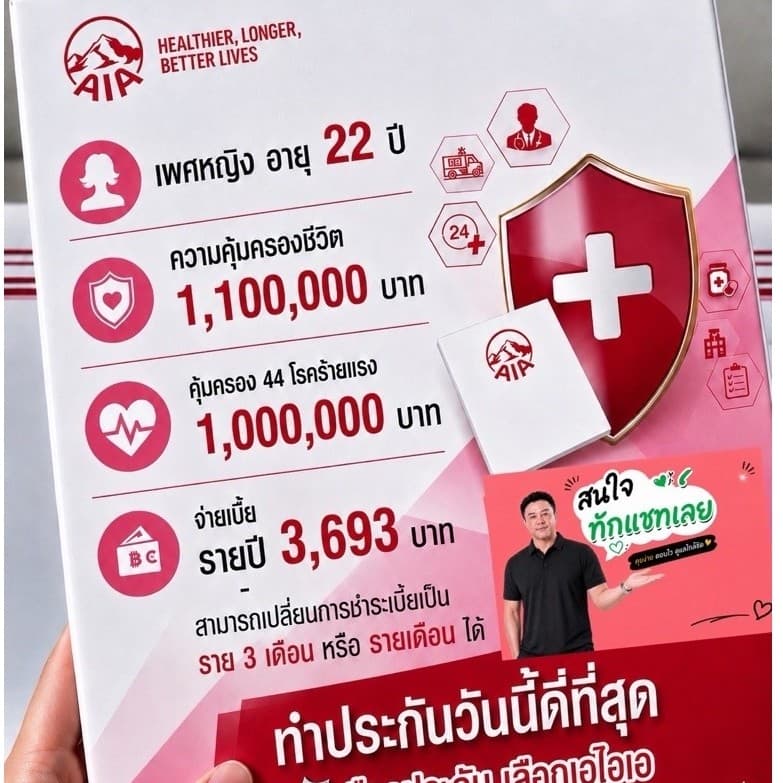 AIA ประกันชีวิตและ ประกัน 44 โรคร้ายแรง สำหรับ เพศหญิง อายุ 22-29 ปึ