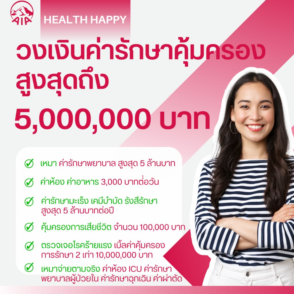 AIA เอไอเอประกันสุขภาพวงเงินรักษาเหมาจ่าย 5 ล้านต่อปี คุ้มครองการรักษาแบบเหมาจ่าย