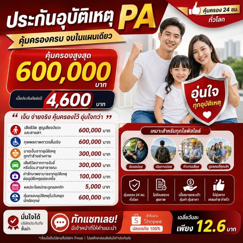 AIA ประกันอุบัติเหตุ PA คุ้มครองคุณ และครอบครัว | ไม่ต้องตรวจสุขภาพ | คุ้มครอง 24 ชม.