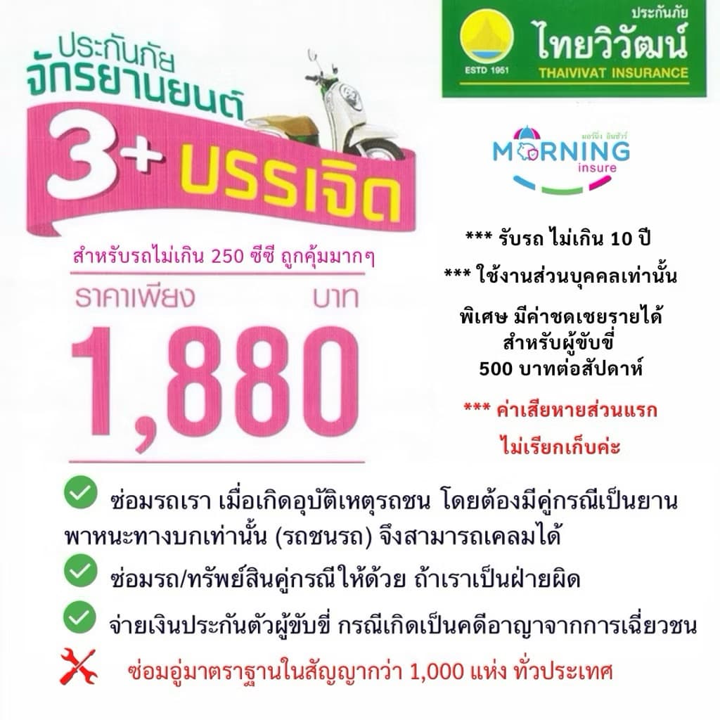 ประกันมอเตอร์ไซค์ ไม่เกิน 250 CC ชั้น3+ แผนบรรเจิดจากไทยวิวัฒน์ประกันภัย มีค่าซ่อมรถเรา เบี้ยถูก คุ้มครองดี