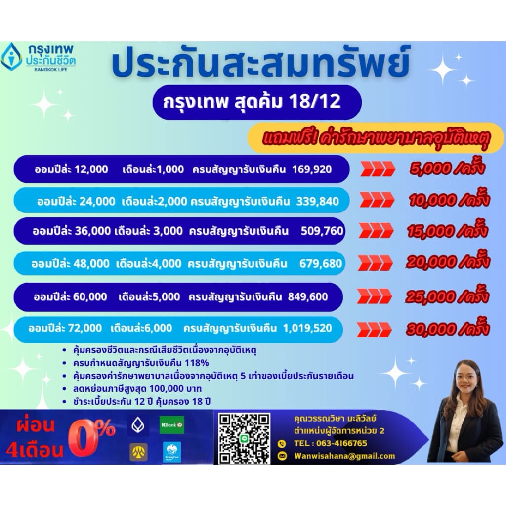 ประกันเงินออม เริ่มต้นเดือนล่ะ 1000(บริษัทกรุงเทพประกันชีวิต)